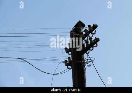 The Wires and Insulators on a Vintage Telegraph Pole. Stock Photo