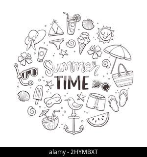 Summer Time background. Doodle style. Cute hand drawn summer icons. Isolated objects on white background. Stock Vector