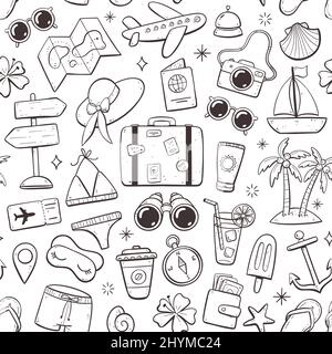 Pattern design with summer and holidays objects. Isolated elements on white background. Doodle version. Stock Vector