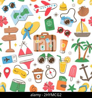 Pattern design with summer and holidays objects. Isolated elements on white background. Colorful version. Stock Vector
