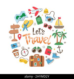Travel holidays background. Colorful style. Cute hand drawn travel icons. Isolated objects on white background. Stock Vector