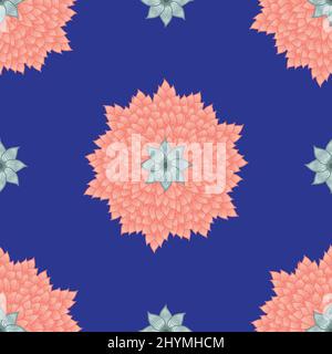 Mandala like multi petal flower seamless vector pattern background. Simple geometric pink indigo blue floral backdrop. Decorative stylized botanical Stock Vector