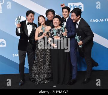 Song Kang Ho, So-dam Park, director Bong Joon-ho, Jeong-eun Lee, Woo-sik Choi, and Sun-kyun Lee at the 26th Annual Screen Actors Guild Awards held at the Shrine Auditorium on January 19, 2020 in Shrine Auditorium, CA. Stock Photo
