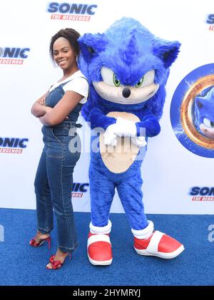 Tika Sumpter and Sonic at the 'Sonic The Hedgehog' Family Day Event held at Paramount Studio on January 25, 2020 in Hollywood, CA. Stock Photo