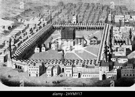 City view, from above, Kaaba, sanctuary, mosque, square, Prophet Mohammed, pilgrimage site, Islam, historical illustration 1885, Mecca, Saudi Arabia Stock Photo