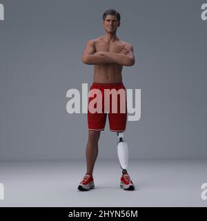 3D Render : isolated image of a smiling man with prosthesis leg Stock Photo