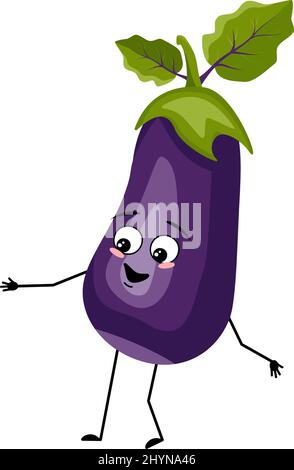 Eggplant character with happy emotion, joyful face, smile eyes, arms and legs. Person with expression, vegetable emoticon. Vector flat illustration Stock Vector