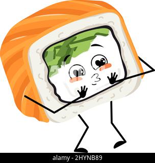 Sushi character with love emotions, smile face, arms and legs. Person with happy expression, asian food emoticon. Vector flat illustration Stock Vector