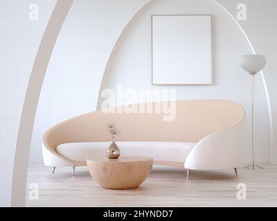 Interior of Living Room with modern sofa, and mock-up frame on the wall, realistic 3d rendering illustration close-up Stock Photo
