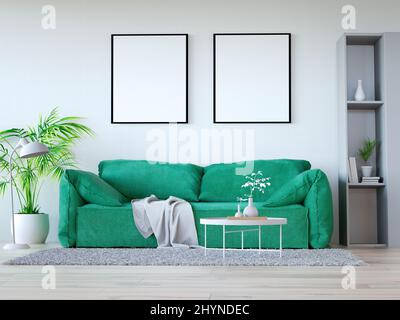 Interior of Living Room with mock-up frames on the wall, realistic 3d rendering illustration close-up Stock Photo