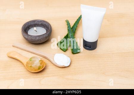 Flat lay composition with aloe vera and cosmetic products on white ...
