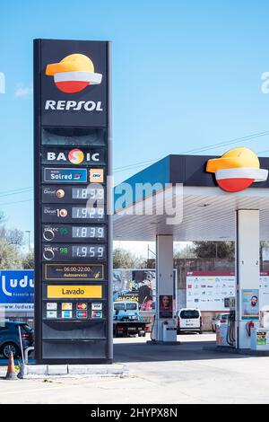 Repsol gas station display with very high prices of the fuels due to the Russian and Ukrainian war Stock Photo
