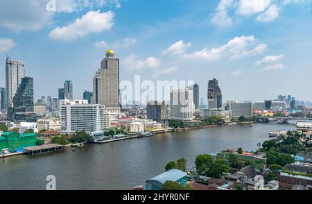 Bangkok, Thailand - March 10, 2022: City view from the 6th-floor outdoor porch at Icon Siam, the luxury department store at Chao Phraya river Stock Photo