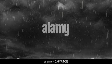 Image of heavy rain falling over lightning and stormy grey clouds background Stock Photo