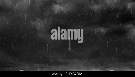 Image of heavy rain falling over lightning and stormy grey clouds background Stock Photo