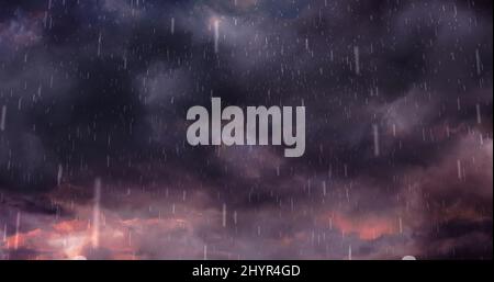 Image of heavy rain falling over lightning and stormy clouds background Stock Photo