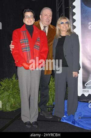 Frank Sinatra Jr., Nancy Sinatra and Tina Sinatra at a sneak preview of Frank Sinatra's US Postage Stamp held at the Beverly Hilton Hotel in Los Angeles. Stock Photo