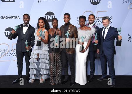 FILE PHOTO: Black Panther actor Chadwick Boseman has died following a four-year battle with colon cancer, his family said in a statement. Sterling K. Brown, Angela Bassett, Lupita Nyong'o, Chadwick Boseman, Danai Gurira, Michael B. Jordan and Andy Serkis at the 25th Annual Screen Actors Guild Awards held at the Shrine Auditorium on January 27, 2019 in Los Angeles, CA. -Arroyo / AFF-USA.com Stock Photo