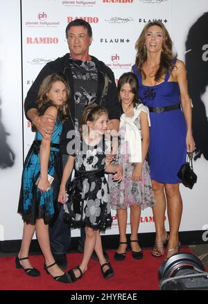 Sylvester Stallone, Jennifer Flavin with daughters Sistine, Scarlett and Sophia Stallone attending the'Rambo' World Premiere. Held at Planet Hollywood Resort and Casino, Las Vegas. Stock Photo