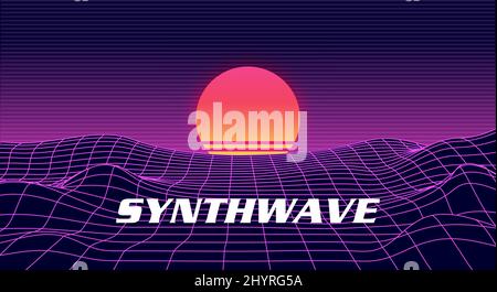 Landscape skyline with neon light grid, sun and mountains. Sci-fi, futuristic illustration. Retrowave, synthwave or vaporwave 80's Stock Vector