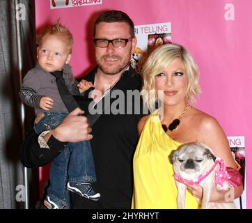 Tori Spelling, Dean McDermott with son Liam attend the launch party for her new Book 'Tori Telling' held at the Kitson Courtyard in California. Stock Photo