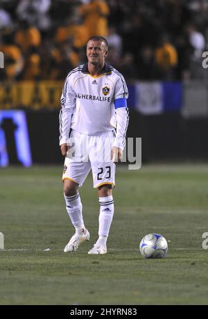 David Beckham plays for LA Galaxy at the The Home Depot Center in Los Angeles. Stock Photo