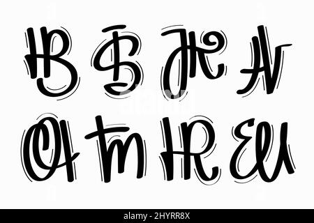 Two letter monograms set. Vector illustration of HB, IS, JK, AV, OA, TM, HR, EU hand drawn symbols isolated on white background for your design Stock Vector