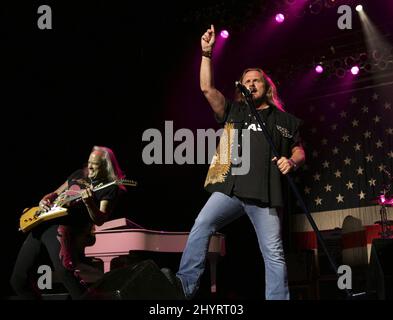 Rickey Medlocke and Johnny Van Zant of Lynyrd Skynyrd perform live on stage during at the Bethel Woods Center for the Arts during the 'Rowdy Frynds Tour 2008'. Stock Photo
