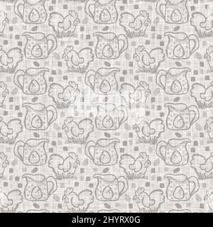 Farmhouse grey chicken hen linen seamless pattern. Tonal french country cottage style farm animal background. Simple vintage rustic fabric textile Stock Photo