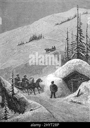 Horse-drawn Sleighs Cross the Surami Pass in Winter and Summit of the Likhi Range or Surami Mountain Range, part of the Caucasus Mountains, in Georgia. Vintage Illustration or Engraving 1860. Stock Photo