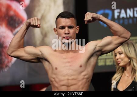 Orlando Gonzalez on stage during the weigh-in for the Tyson Fury vs Deontay Wilder III World Heavyweight Championship fight at the MGM Grand Garden Arena on October 8, 2021 in Las Vegas, NV. Stock Photo