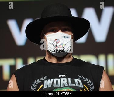 Tyson Fury at the weigh-in for the Tyson Fury vs Deontay Wilder III World Heavyweight Championship fight at the MGM Grand Garden Arena on October 8, 2021 in Las Vegas, NV. Stock Photo