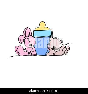 Rabbit, pacifier and bear . Pacifier and baby toys illustration continuous line drawing. Stock Vector