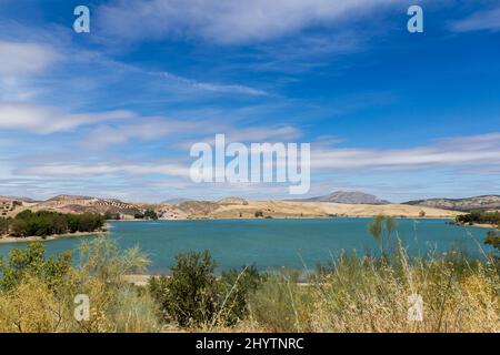 Guadalhorce lake, situated in south of Spain, near Ardales city. Famous tourist destination and the start for point El Caminito del Rey Stock Photo