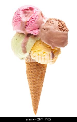 An ice cream cone with four different scoops isolated on white background Stock Photo