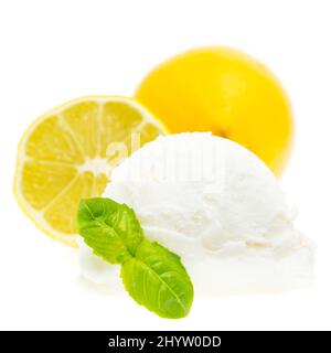 Lemon Ice cream scoop with lemons isolated on white background Stock Photo