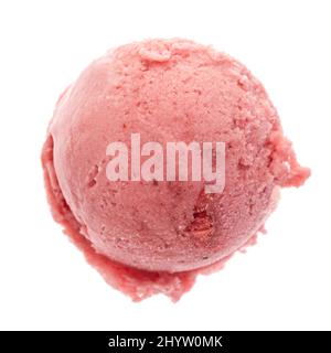 Single strawberry ice cream scoop from above isolated on white - square format Stock Photo