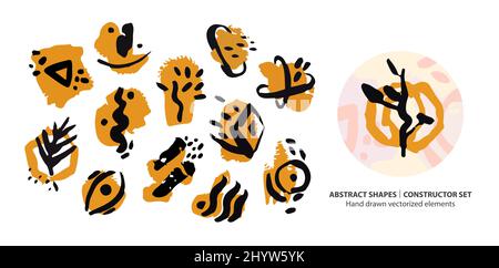 Abstract hand drawn brush shapes in organic style set. Vector elements collection of trendy brush strokes and graphic shapes and lines. Filler modern Stock Vector