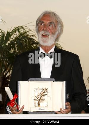 Austrian director Michael Haneke posing with the Palme d'Or award he received for the film 'The White Ribbon', at a photo call following the awards ceremony, during the 62nd International film festival in Cannes. Stock Photo