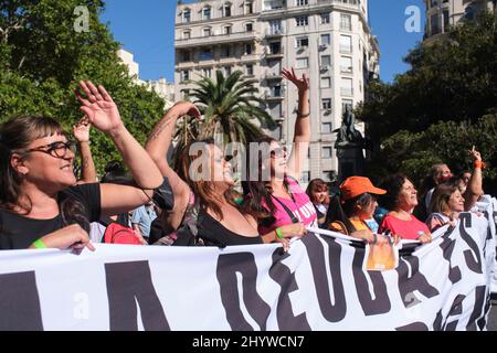 CABA, Buenos Aires, Argentina; March 8, 2022: Women marching during the international feminist strike. Stock Photo