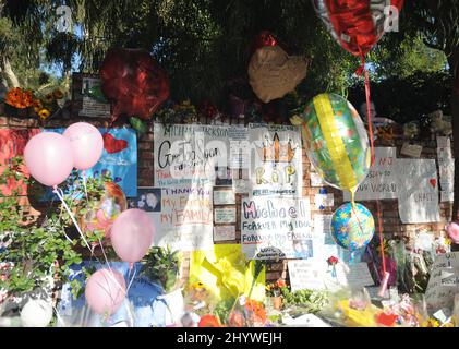 Michael Jackson memorials are seen outside his family home in Encino, California. Stock Photo