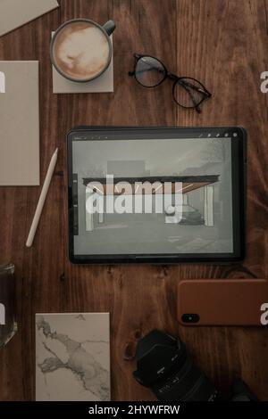 Desk with multiple objects on it Stock Photo - Alamy
