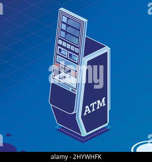 Modern Atm Machine on Blue Background. Isometric Business Concept. Vector Illustration. Touch Screen with UI Interface. Bank App. Stock Vector