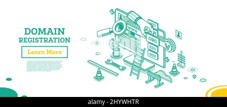 Domain Registration. Isometric Business Concept with Monitor and Hand. Vector Illustration. Choosing an URL Address and Name of Domain Zone. Stock Vector