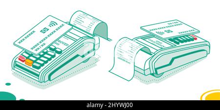 Isometric POS Terminal with Cash Receipt Isolated on White Background. Payment Machine. Secure Contactless NFC Payment. Vector Illustration. Stock Vector