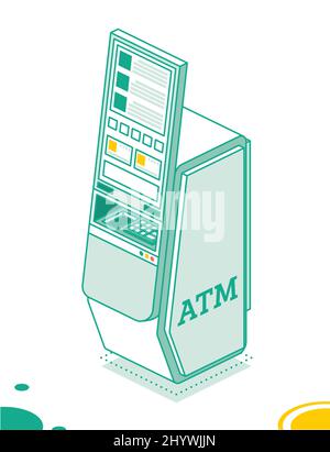 Modern Atm Machine Isolated on White. Isometric Business Concept. Vector Illustration. Touch Screen with UI Interface. Bank App. Stock Vector