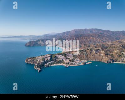 Beautiful Aerial view of La Herradura Costa del Sol Spain. View of Spanish landscape, mountains , coastal city, Mediterranean sea Stock Photo