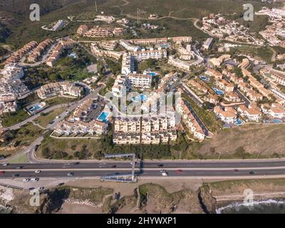 Aerial view of Mediterranean highway  and luxury resorts in Spain Costa del Sol Stock Photo