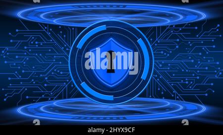 Abstract 3D graphic illustration for cyber security concept - Protective Cyber Shield in circle frame between HUD elements, digital defence against ma Stock Photo