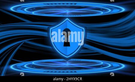 Abstract 3D graphic illustration for cyber security concept - Protective Cyber Shield in circle frame between HUD elements, digital defence against ma Stock Photo